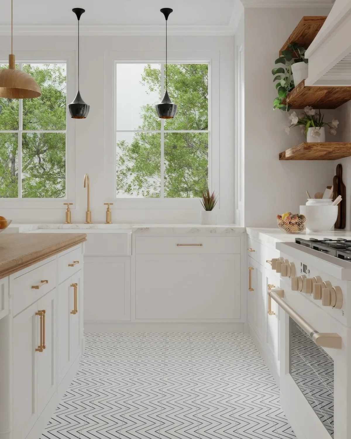 Bright white kitchen with gold hardware